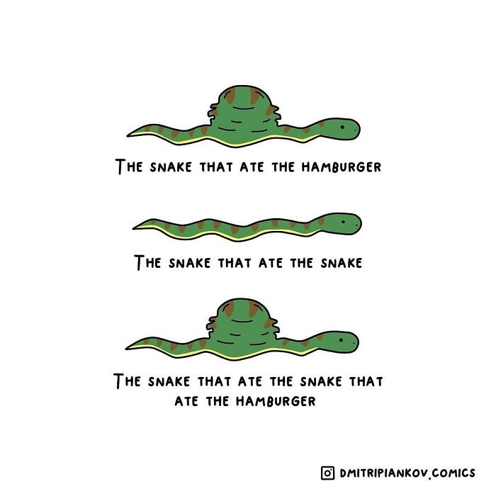 Dark humor comic featuring snakes eating a hamburger with surprising endings in a simple cartoon style.