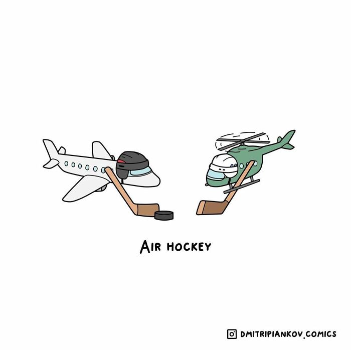 Illustration of dark humor comics showing an airplane and a helicopter playing air hockey with helmets and sticks.