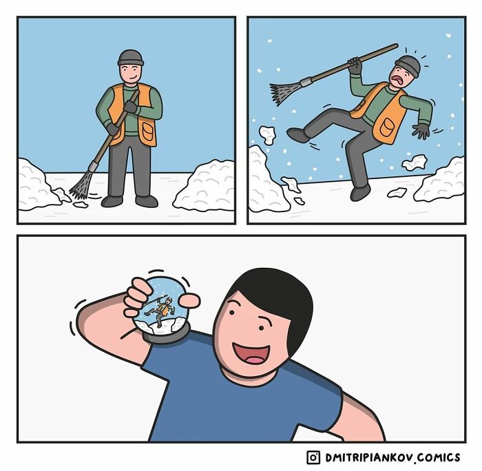 Three-panel dark humor comic showing a man slipping on ice and a snow globe capturing the unexpected fall with humor.