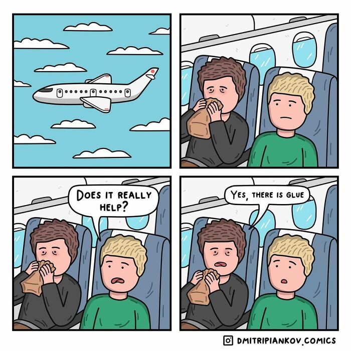 Dark humor comic on a plane with two passengers, one using a paper bag and a surprising punchline about glue.