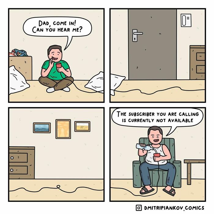 Dark humor comic with a man calling his dad, ending with a surprising and ironic punchline.