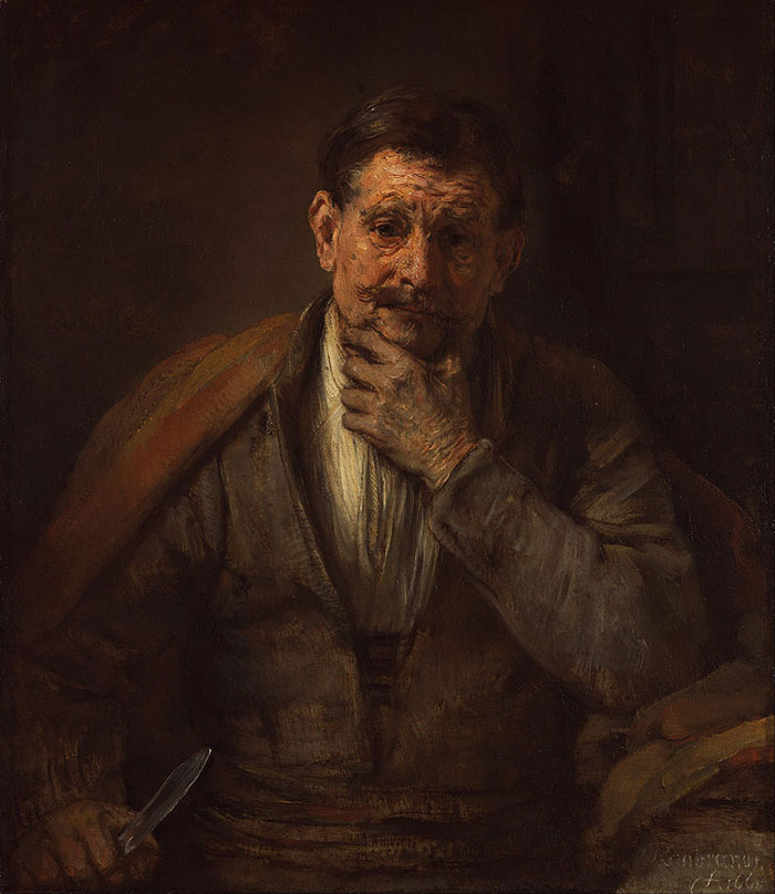 A famous painting depicting a contemplative man with a mustache, holding a knife, set against a dark background.
