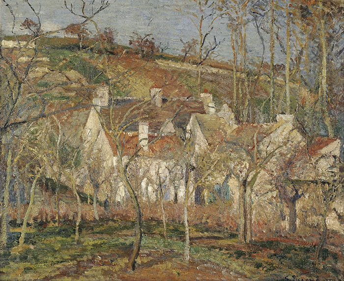 Impressionist landscape painting depicting cottages surrounded by trees and a hillside, showcasing famous artwork.