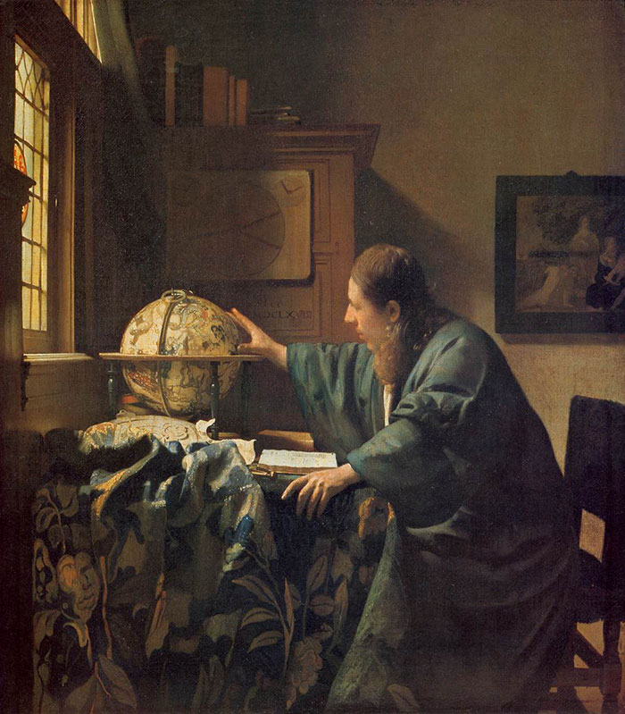 A person studying a globe beside a window, in a famous painting setting.