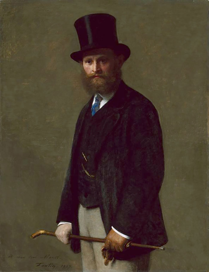 Man in top hat and dark suit holding a cane, traditional portrait highlighting famous paintings in art history.