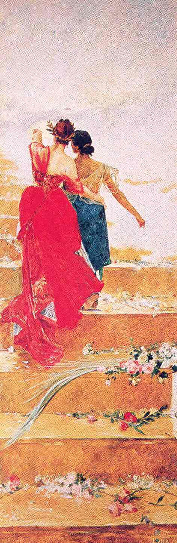 Two women in elegant dresses ascend stairs adorned with flowers in this famous painting.