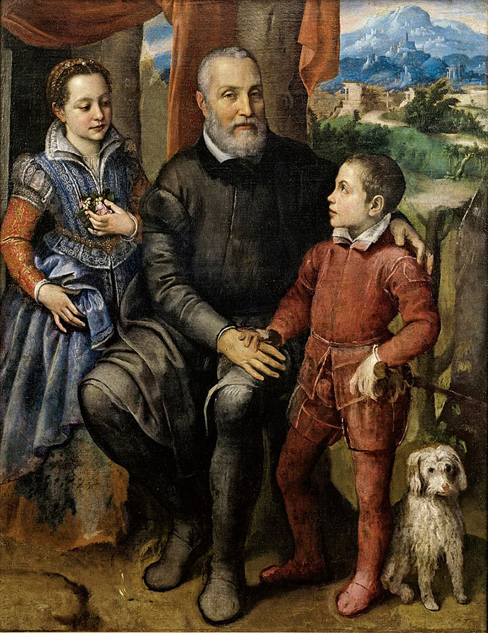 A famous painting showing a family scene with two children, an adult, and a dog in a historical setting.