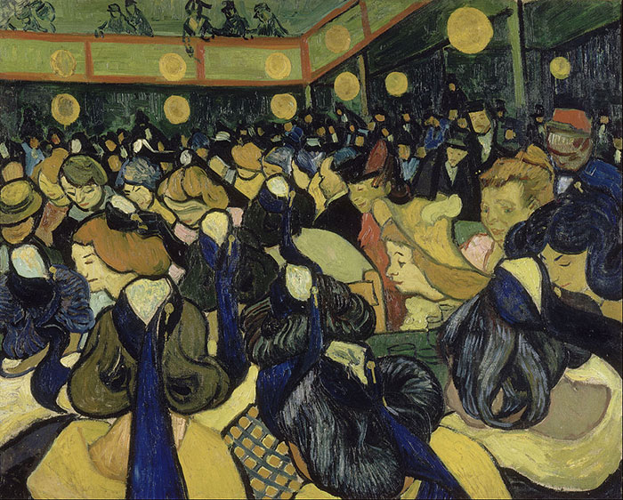A vibrant scene in a famous painting with a crowd of people, illuminated by bright lights.