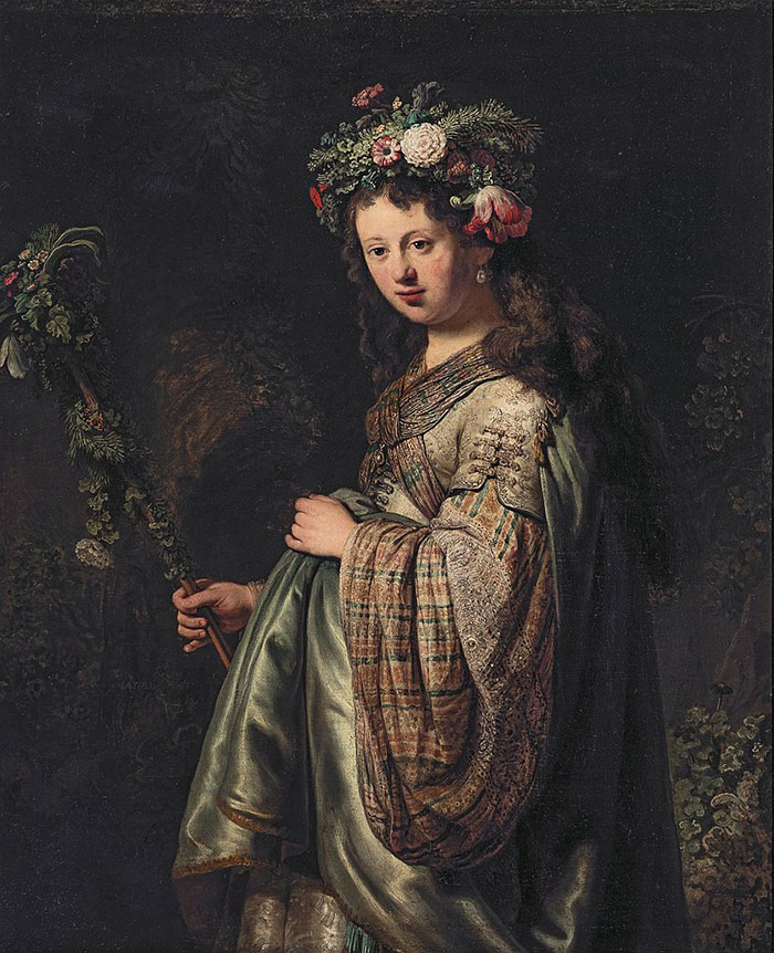 A famous painting depicting a woman with a floral headdress and ornate robe, holding a staff adorned with flowers.