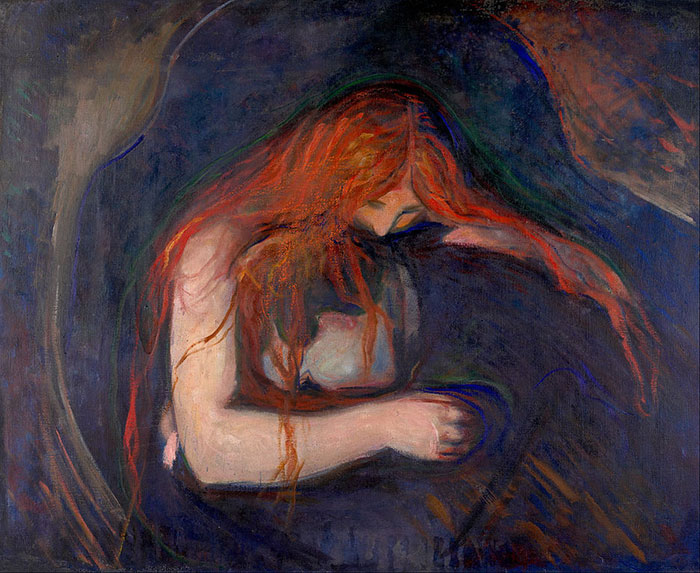 Famous painting featuring a figure with long red hair embracing a shadowy form in a dark, expressive setting.