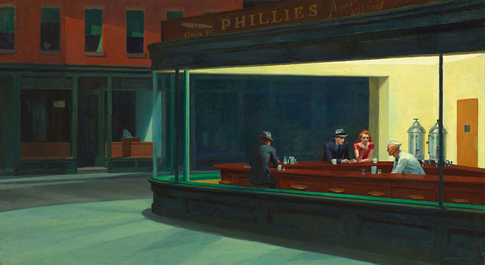 Nighttime diner scene from one of the most famous paintings in art history.