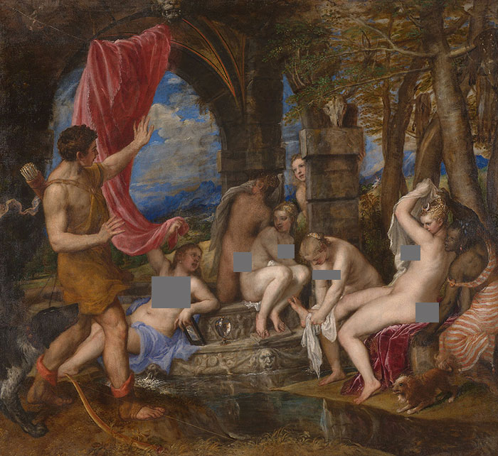 Famous painting depicting a mythological scene with figures near a woodland fountain.