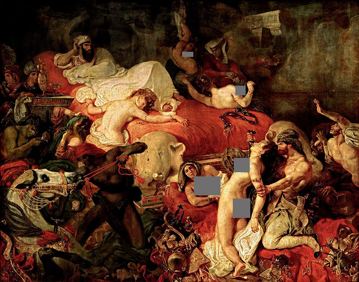 A famous painting depicting a chaotic and dramatic historical scene with various figures and vibrant colors.