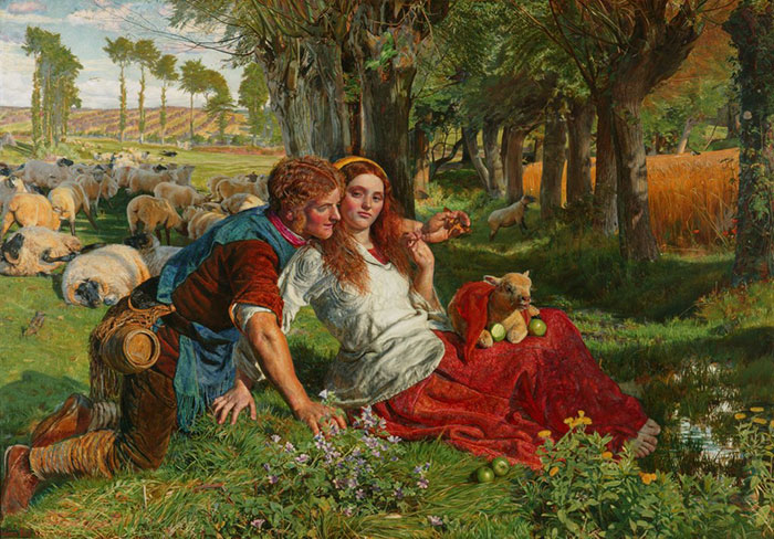 Couple in a pastoral setting with sheep, embodying themes found in famous paintings in art history.