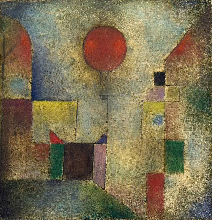 Abstract painting with geometric shapes and a red balloon, representing famous paintings in art history.