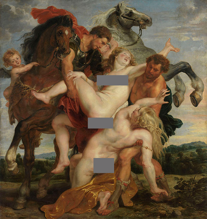 Baroque scene depicting figures and horses, a famous painting in art history by Peter Paul Rubens.