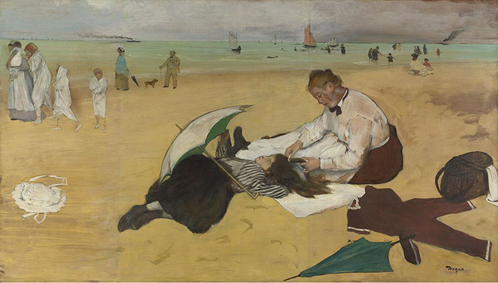 A famous painting depicting a man and woman relaxing on a beach with umbrellas, observing seaside activities.