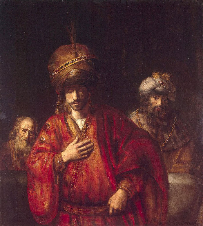 A famous painting by Rembrandt depicting three men in ornate robes and turbans, showcasing rich historical expression.
