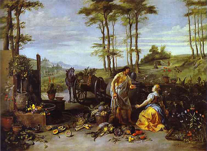 Pastoral landscape with figures and horse-drawn cart, representing famous paintings in art history.