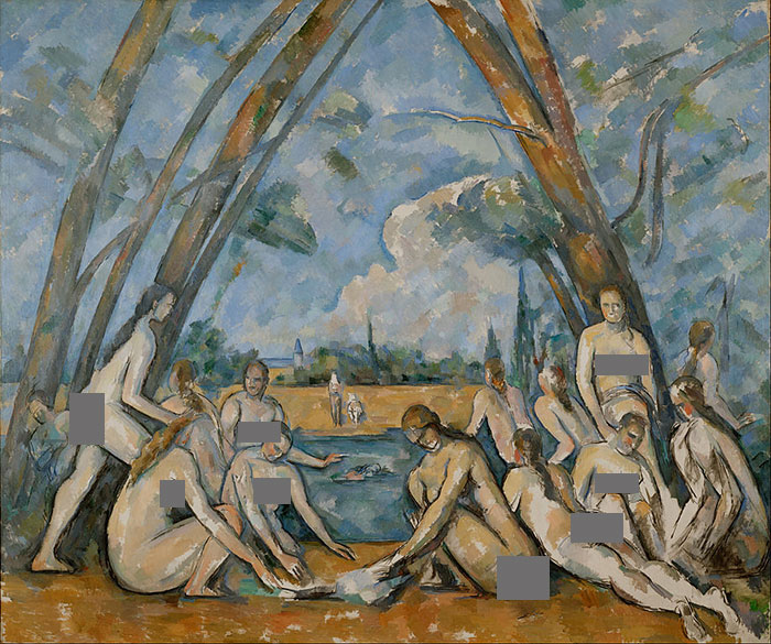 Famous painting depicting several figures by a river under arched trees.