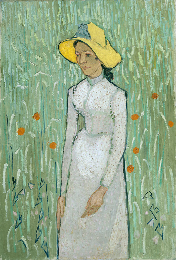 Woman in a field, wearing a yellow hat, depicted in a famous painting with a green floral background.