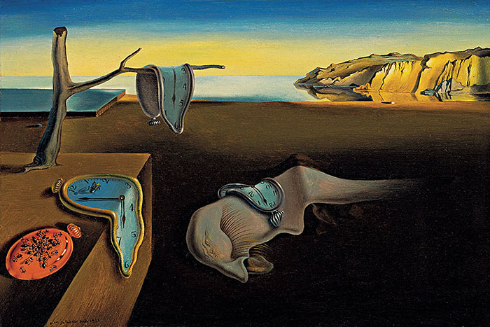 Surreal landscape with melting clocks, famous painting in art history by Salvador Dalí.