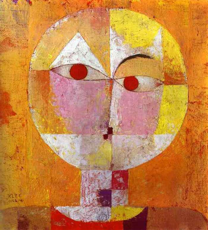 Abstract painting by Paul Klee featuring a colorful geometric face on an orange background.
