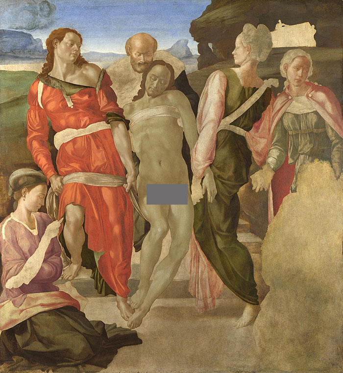 Famous painting depicting a group of people surrounding a central figure. Historic art scene with expressive figures.