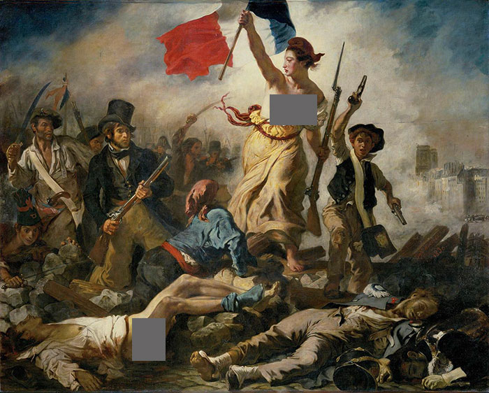 Historic painting depicting a woman with a flag leading a group of revolutionaries, symbolizing liberty and freedom.