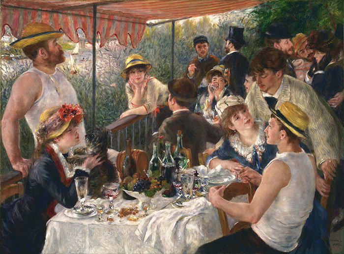 People dining outdoors in a famous painting, capturing a lively social gathering with friends and family.