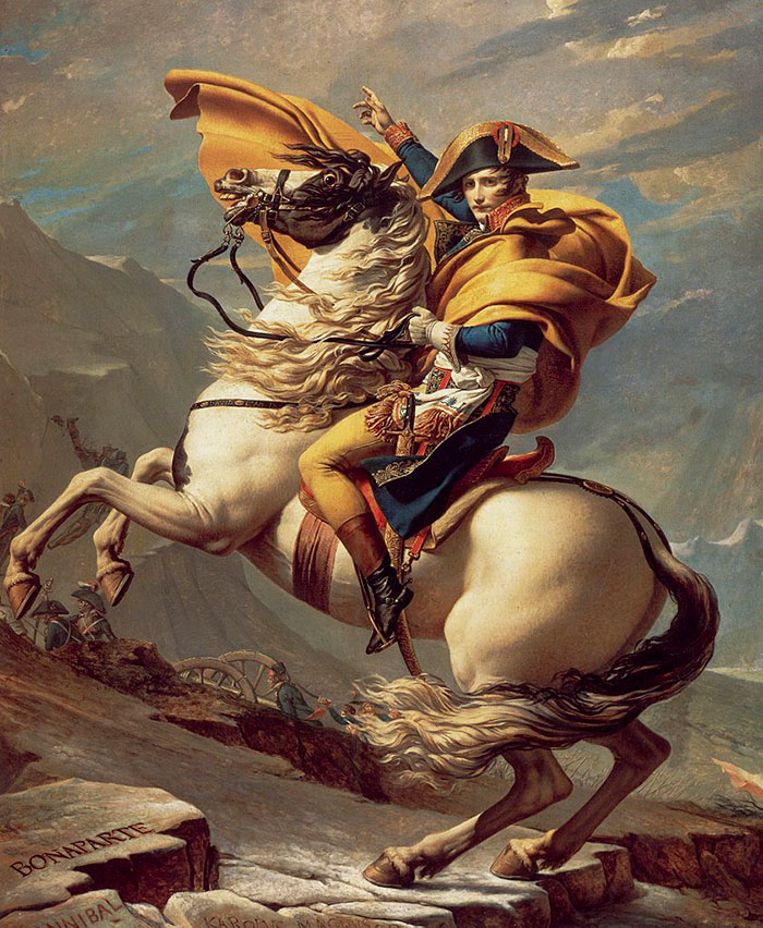 A famous painting showing a man in historical attire riding a rearing horse against a dramatic landscape.