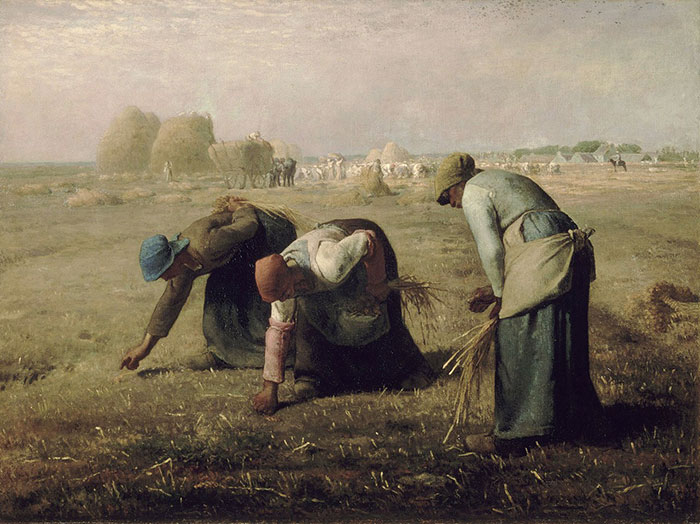 Farmers gleaning in a field, scene from a famous painting in art history.
