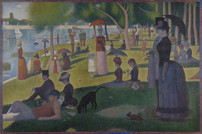 Famous painting depicting people relaxing in a park by a river, showcasing pointillism art style.