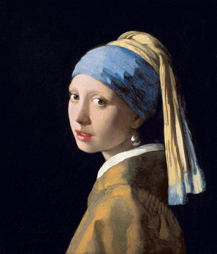 Famous painting of a girl with a pearl earring, wearing a blue turban, set against a dark background.