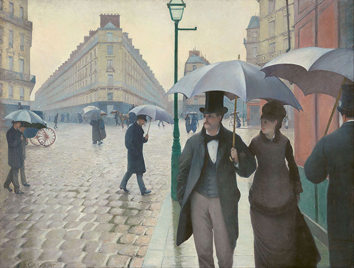Couple with umbrellas on a Paris street, a scene representing famous paintings in art history.