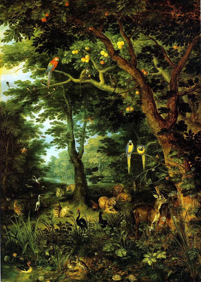 Famous painting depicting a lush forest teeming with diverse wildlife, including birds, deer, and lions.