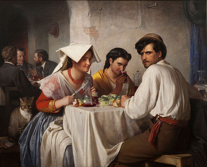 Group of people dining in a traditional setting with a cat nearby, from a famous painting in art history.