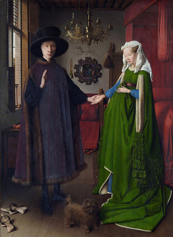 A famous painting depicting a couple in a 15th-century interior with a chandelier, mirror, and small dog.
