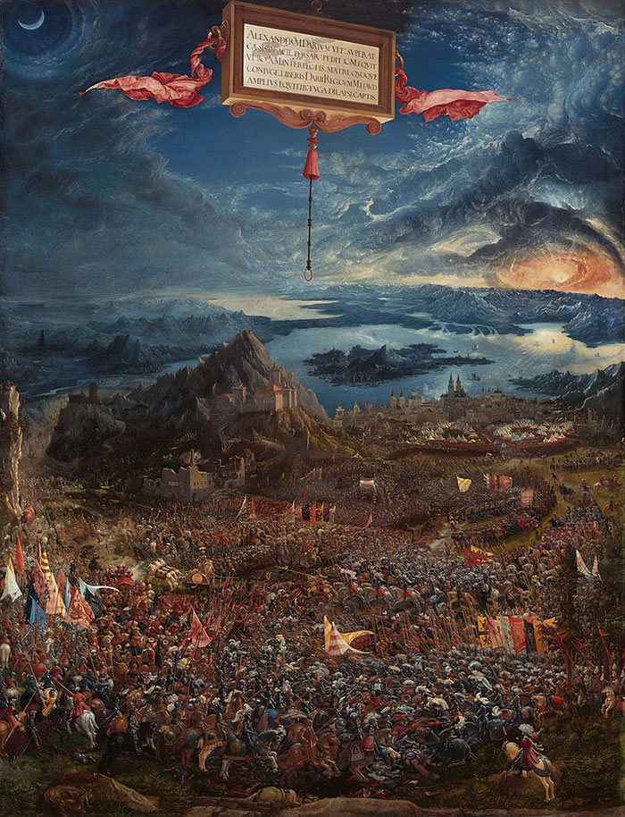 Famous painting depicting a historic battle scene with soldiers and banners, showcasing intricate details and dramatic skies.