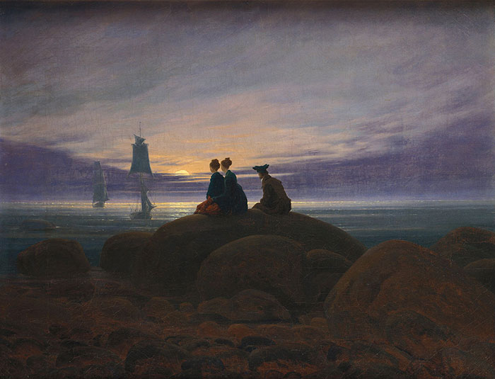 Two figures sit on rocks by the sea, watching ships at sunset in a famous painting.
