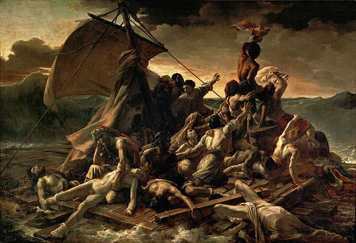 Dramatic scene of survivors on a raft in turbulent sea; an example of famous paintings in art history.