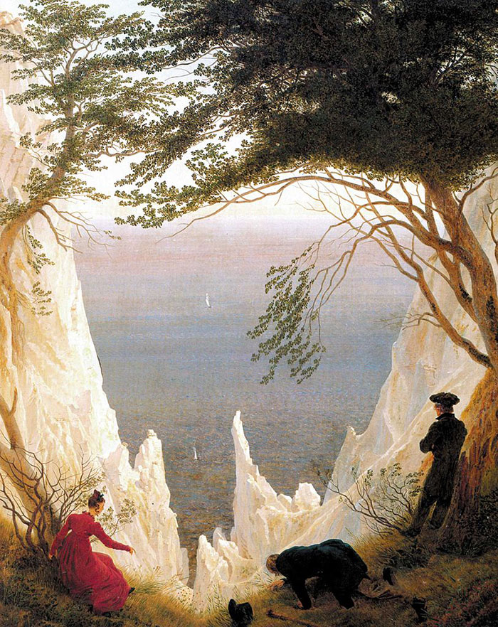 Painting of figures on a cliff overlooking the sea, surrounded by trees, illustrating one of the most famous paintings.