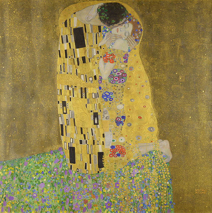 Famous painting depicting a couple embracing, adorned with ornate gold and patterns, evoking themes of love and intimacy.