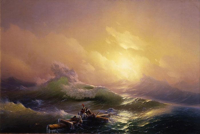 Dramatic seascape painting with a raft battling turbulent waves under a vivid, glowing sky.