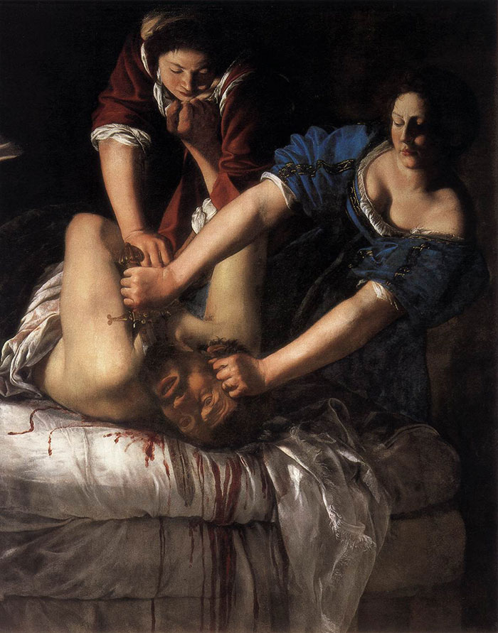 Two women depicted in a dramatic scene, showing intense emotion, in a famous historical painting.