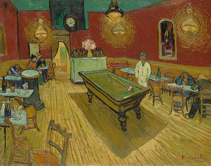 A famous painting depicting a dimly lit café interior with a billiard table and patrons.
