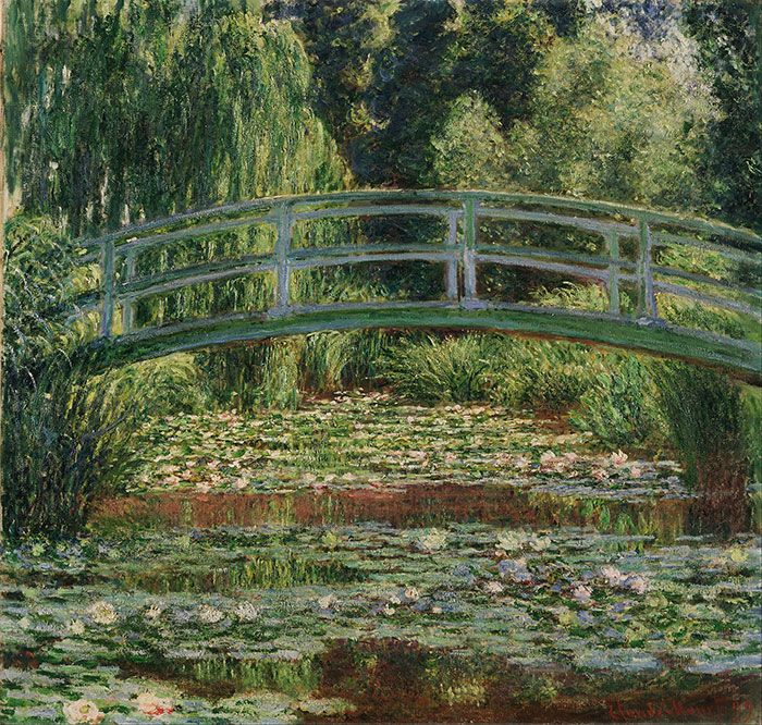 Famous painting of a serene garden scene with a bridge over a lily pond, surrounded by lush greenery.