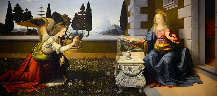 Angel and woman in a historical painting, featuring a serene landscape and classical architecture.