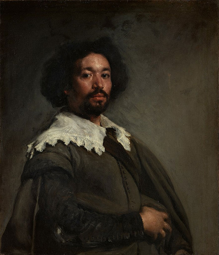 A famous painting depicts a bearded man with a ruffled white collar in a dark setting.