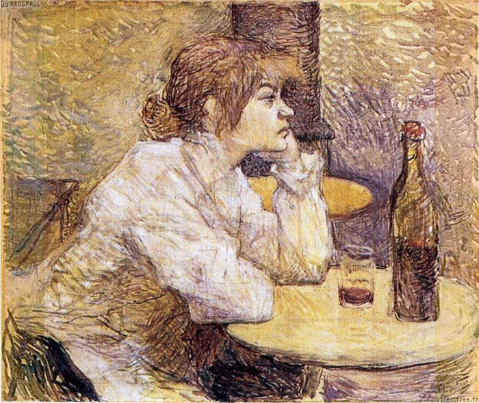Woman in famous painting seated at a table with a bottle and glass, in a pensive pose.